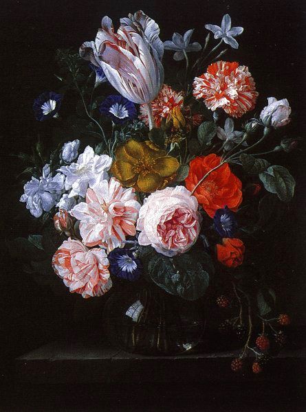 Nicolaes Van Verendael A Tulip, Carnations and Morning Glory in a Glass Vase